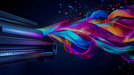 Poster - Vivid Abstract Color Splash Flowing from Printer with Smooth Gradient Ribbons Against a Dark Background for Creative Digital Art and Design Concepts