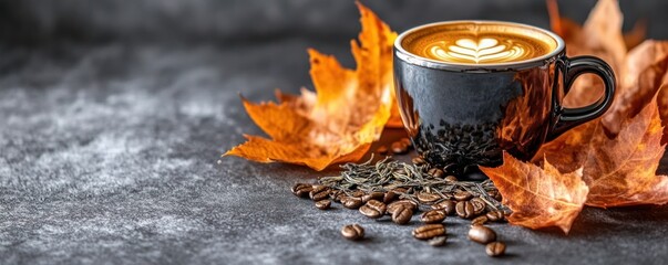 Poster - A cozy coffee scene with autumn leaves and coffee beans.