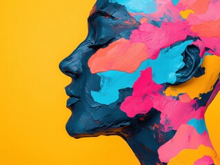 Poster - A vibrant portrait showcasing colorful face paint against a bright yellow backdrop.