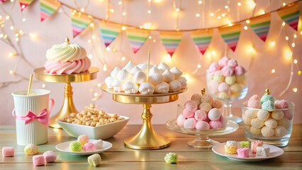 Poster - A Festive Table Setting Featuring Delicate White Meringues and Colorful Candies, Surrounded by Golden Lights and a Rainbow Banner