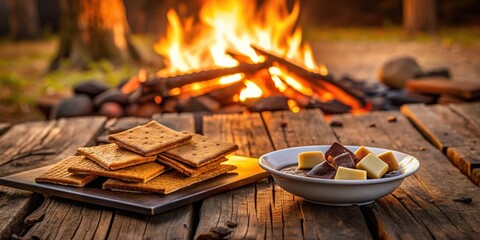 Poster - A Rustic Table Setting for a Campfire Treat with Chocolate and Marshmallow Squares and Graham Crackers
