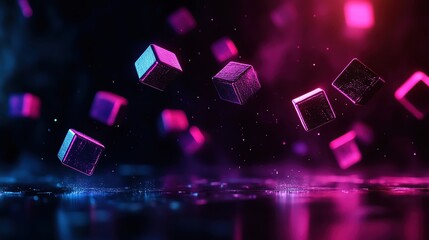 Aufkleber - Abstract floating cubes with vibrant neon lights in a dark, misty environment.