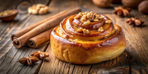 Poster - A freshly baked cinnamon roll with a sweet glaze and chopped nuts, surrounded by cinnamon sticks and star anise on a rustic wooden surface.