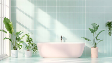 Wall Mural - modern bathtub in serene bathroom with green plants and tiles