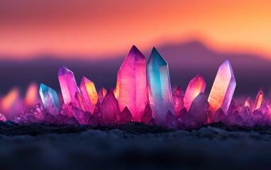 Poster - Beautifully illuminated crystals reflecting vibrant colors at sunset.