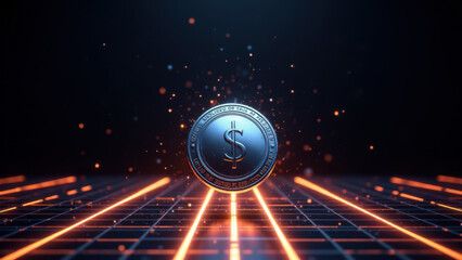 Wall Mural - Illustration of a digital stable coin on a grid with sparkles around it.