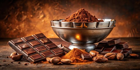 Poster - A Rustic Still Life Featuring Cocoa Powder, Chocolate Bars, and Cocoa Beans on a Wooden Surface