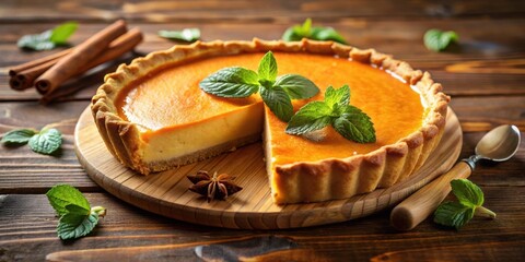 Poster - A slice of pumpkin pie with a flaky crust and a smooth, orange filling, garnished with fresh mint leaves on a wooden board.