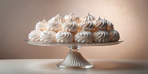 Poster - A delicate arrangement of airy, white meringue cookies, showcasing their intricate swirls and delicate texture, sits atop a clear glass cake stand, radiating an aura of sweetness and elegance.