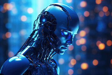 Poster - Android or cybernetic human with neon blue eyes. Sci-fi concept of futuristic cyberpunk robot