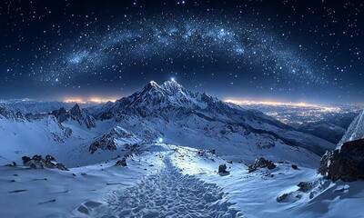 Wall Mural - Snowy mountain landscape under a starry night sky.
