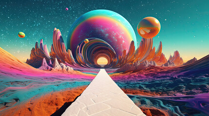 Aufkleber - Fantasy landscape of a sci-fi planet with mountains and a road with mystic sphere
