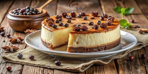 Aufkleber - A creamy cheesecake with a browned top, decorated with dried fruit and berries, on a rustic wooden table with a burlap napkin