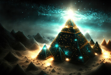 Poster - Alien sci-fi landscape with mountains on the sunrise. Science fiction scene of a distant planet.