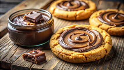 Poster - Chocolate Swirl Cookies with Creamy Chocolate Spread on Wooden Background
