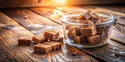 Poster - A Glass Jar Filled with Cubes of Homemade Brown Sugar Candy, Spilled on a Rustic Wooden Table with Warm Sunbeams Shining Through