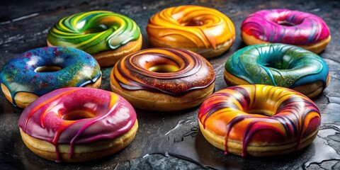 Poster - A vibrant assortment of glazed donuts, each featuring a unique swirl of colors, creating a mesmerizing and tempting display.