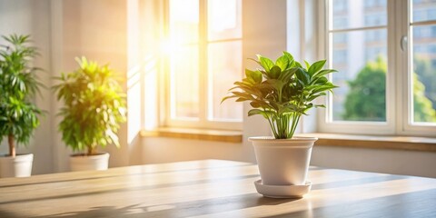 Aufkleber - A potted plant sits on a wooden table bathed in sunlight streaming through a window.