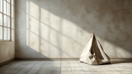 Wall Mural - a softly folded canvas tent placed on a wooden floor in a sunlit room with textured walls and natura