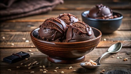 Poster - A bowl of rich, dark chocolate ice cream with a drizzle of chocolate sauce on a rustic wooden surface with a spoon and a small piece of chocolate on the side.