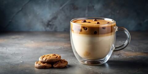 Poster - A glass mug filled with creamy iced coffee, adorned with coffee beans and topped with a fluffy layer of whipped cream, sits on a dark textured surface next to a trio of crispy cookies.