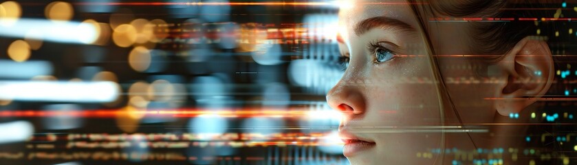 Aufkleber - A futuristic portrait of a young woman's face, accentuated by colorful light streaks and digital elements conveying technology and innovation.