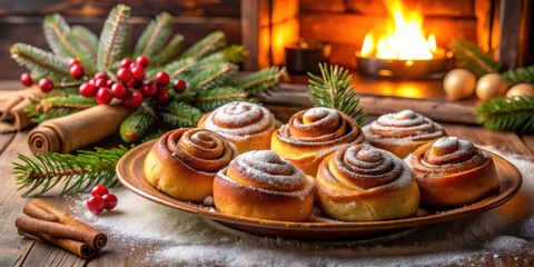 Poster - A Festive Arrangement of Sweet Cinnamon Rolls with Powdered Sugar and Fir Branches Surrounded by Warm Fireplace Glow