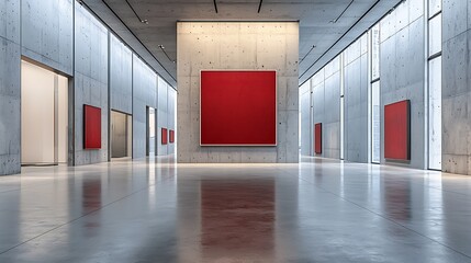 Wall Mural - modern art gallery featuring abstract red paintings on concrete walls, showcasing contemporary artis