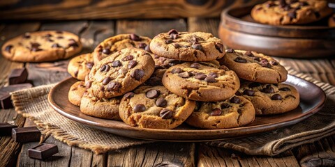 Aufkleber - A plate of chocolate chip cookies, arranged in a stack, on a rustic wooden table