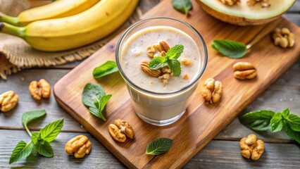 Poster - A refreshing glass of smoothie topped with nuts and fresh mint leaves, a healthy and delicious treat for any time of day.