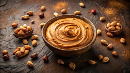 Poster - A bowl of creamy almond butter surrounded by almonds and hazelnuts, ready to be spread on bread or enjoyed as a healthy snack.