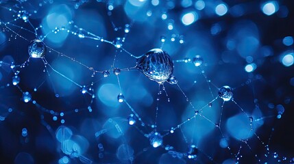 Dewdrops on a spiderweb with a blurred blue bokeh background.
