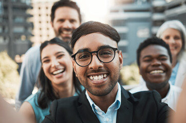 Aufkleber - City, selfie and smile with business people outdoor together for bonding, memory or solidarity. Building, diversity and portrait of employee team in urban town as friends for about us or photograph