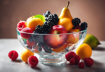 A vibrant assortment of fresh fruits displayed in a glass bowl on a kitchen table during daytime