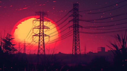 Canvas Print - A vibrant sunset with silhouettes of power lines and plants, creating a moody atmosphere.