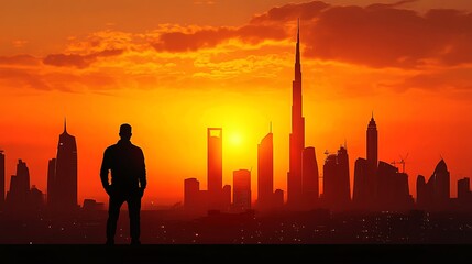 Canvas Print - A silhouette of a person against a vibrant sunset skyline featuring tall buildings.