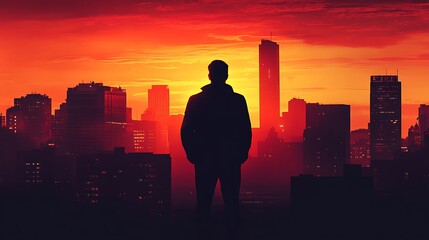 Canvas Print - A silhouette of a person standing against a vibrant sunset over a city skyline.