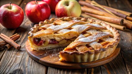 Aufkleber - A freshly baked apple pie with a flaky crust, dusted with powdered sugar, and a slice removed, ready to be devoured.
