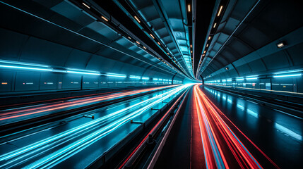 Vibrant light trails from vehicles illuminate a futuristic urban tunnel, highlighting the fast-paced movement and sleek design of modern transportation at night