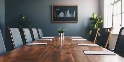 Poster - a conference room table is set for a meeting, showcasing a monitor displaying a bar graph titled ris