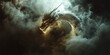 © Stockberry - A graceful dragon emerging from swirling smoke, illuminated by a dramatic spotlight, hyper-realistic details, dark background, cinematic composition, soft smoke trails, camera angle from below