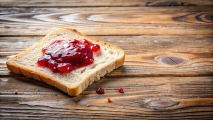 Poster - A slice of bread with red jam on top, set on a rustic wooden surface. The jam spreads out over the bread, leaving a few drips on the wood