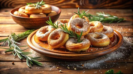 Aufkleber - A Delicious Arrangement of Sugar-Dusted Doughnuts Decorated with Sprigs of Rosemary on a Wooden Plate