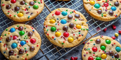 Poster - A close-up shot of freshly baked cookies with colorful candies and sprinkles, cooling on a wire rack