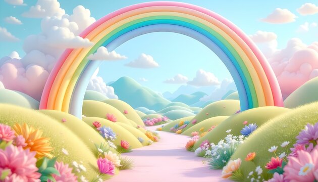 3d rendered cartoon rainbow land. 3d cartoon landscape composition with green hills, trees, rainbow, sun, white clouds. Modern stylized children's concept background. Sweet nature environment panorama