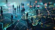 © trustmastertx - A network of interconnected people standing on a glowing map of the world, symbolizing global connection and communication.