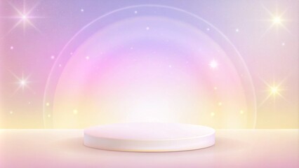 Wall Mural - 3D soft pink circle podium display on fantasy sky pastel color background. Ideal for showcasing products or creative presentations, featuring a modern and whimsical aesthetic for digital art