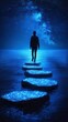 © Ai7 - A silhouette of a person walking on illuminated stones in a serene blue sea under a starry sky.