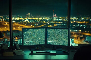 Poster - Digital Control Room with Screens and Night City View