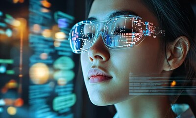 Lines of code reflected in the face of a female digital entrepreneur